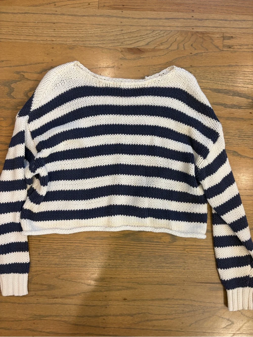 aerie Navy and White Striped Cropped Crew Sweater